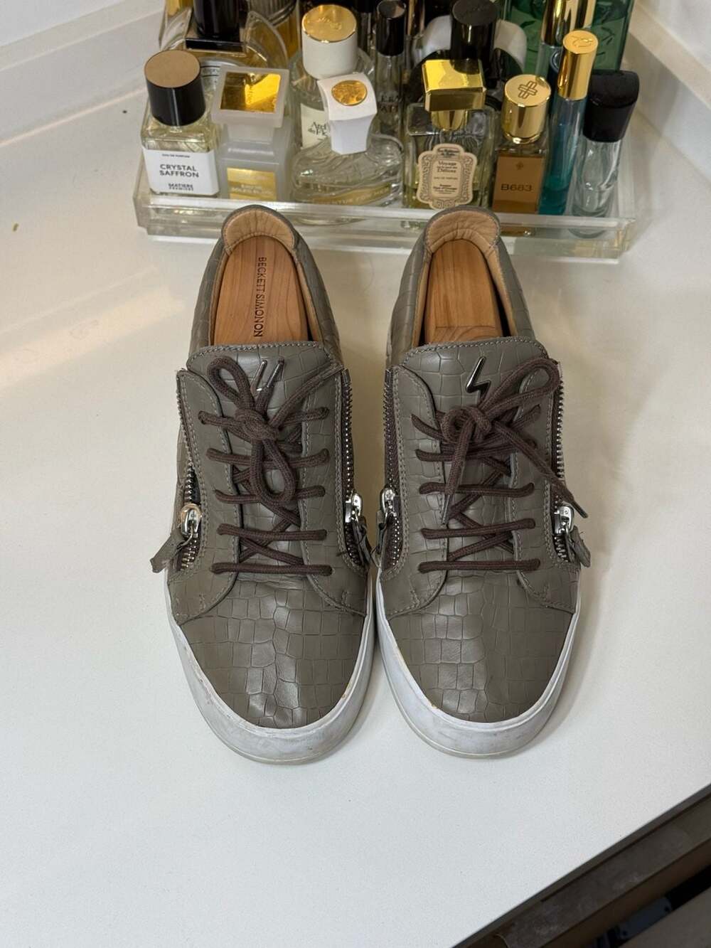 Giuseppe Zanotti Frankie Taupe Grey Croc-Embossed Double-Zip Low-Top Sneakers